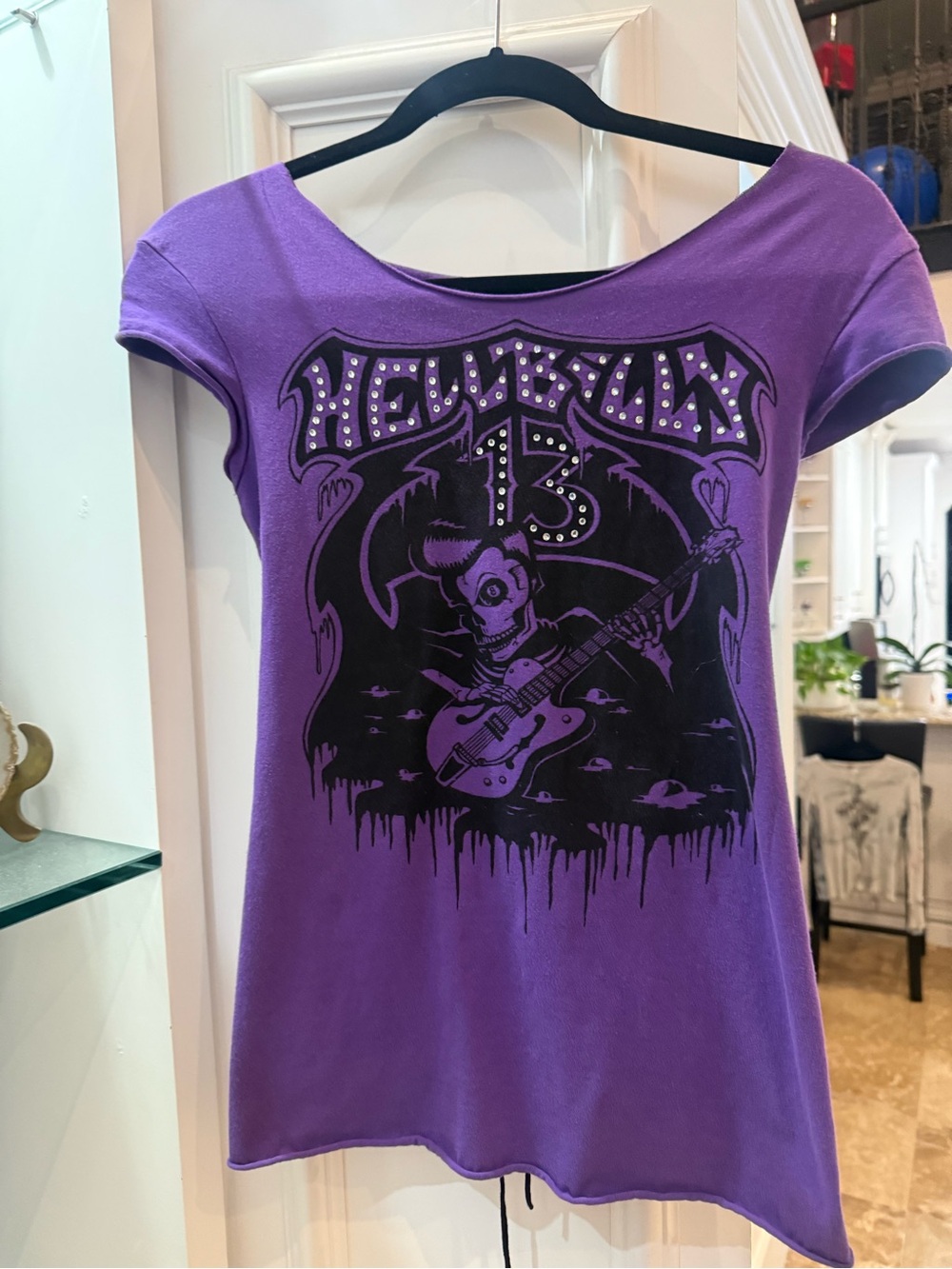 Purple Graphic Women’s Tee with Skull Guitar Print